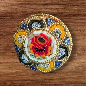 Vintage Italian Micro Mosaic Brooch Pin Gold Tone Millefiori Glass Floral Round